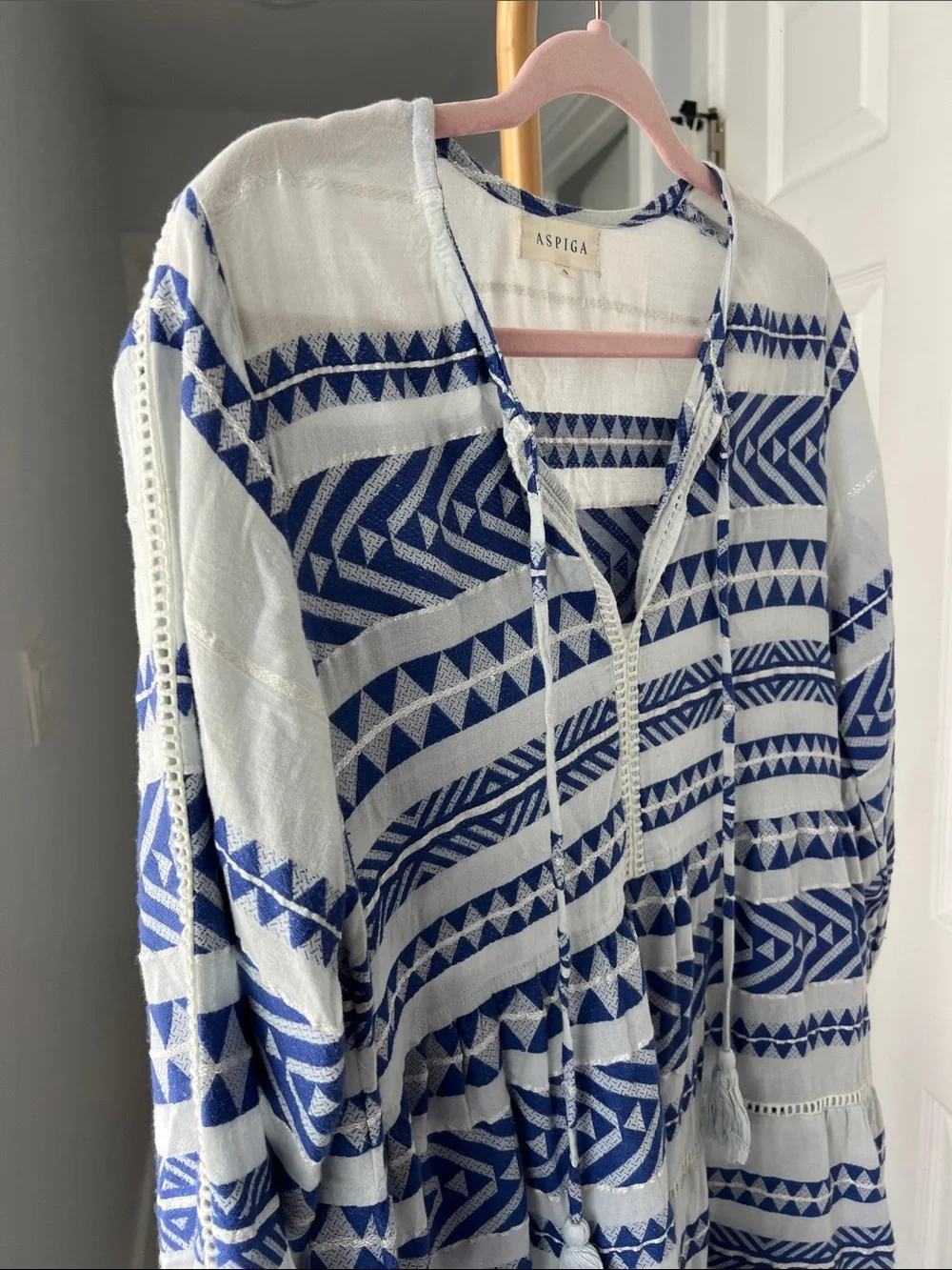 ASPIGA Long Sleeve A Line Cotton Sundress Aztec Greek Geometric S $150